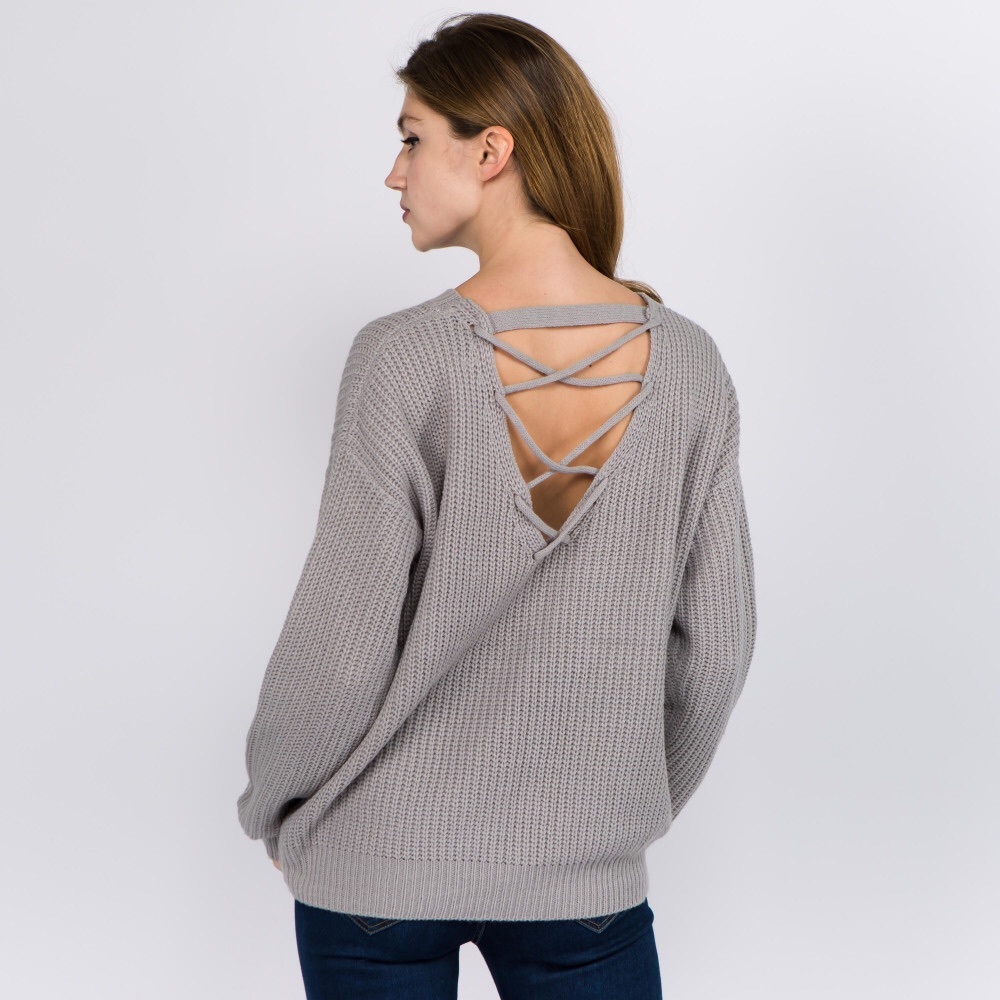 Grey Sweater Cross Back Trendy Cute Crew Neck Top